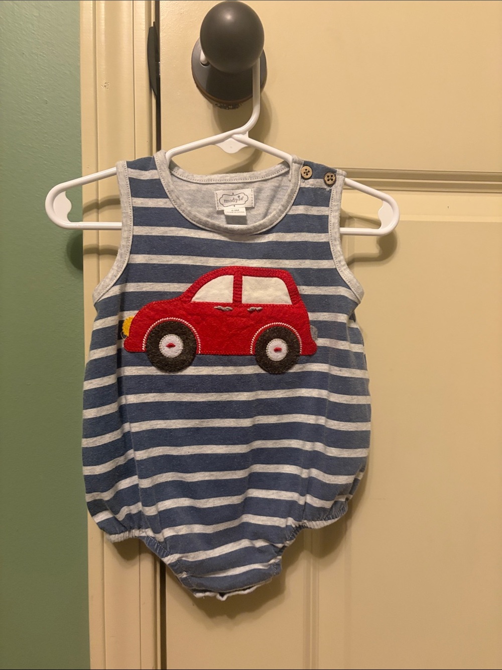 Mudpie Striped Baby Romper with Red Car Applique